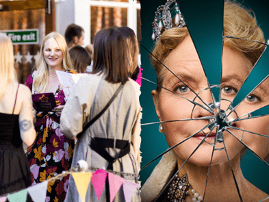 Showgoers group of people, with 9 to 5 poster next to it