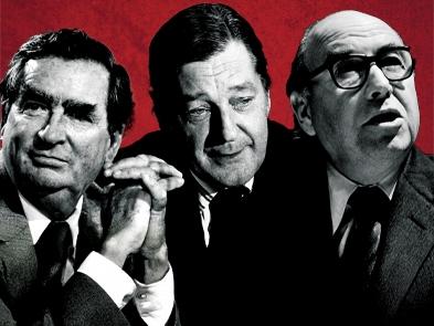 3 men in black and white against a red background