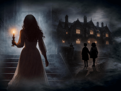 On the left a woman walking up stairs holding a candle on the right two figures outside of a mansion house
