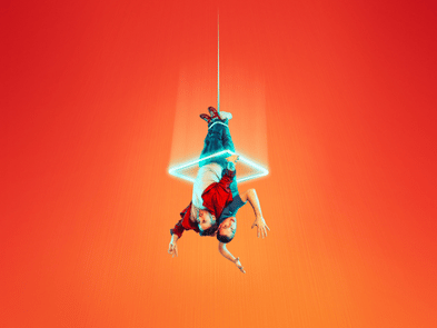 It's Not A game artwork. Orange background with two people dangling down from ceiling