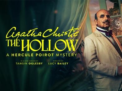 A man dressed as Poirot and the words Agatha Christie's The Hollow