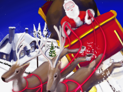 A drawing of Santa on his sleigh with 2 reindeer 