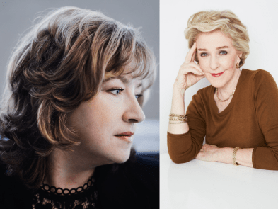 Headshot of Patricia Hodge on the right, on the left an image of a woman looking to the right