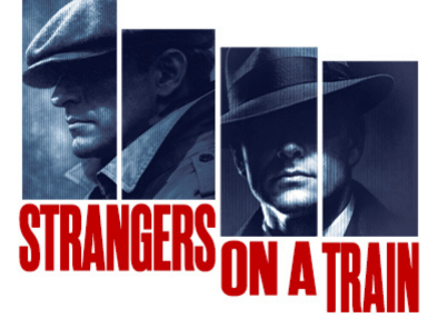 Vintage film poster for *Strangers on a Train*, showing shadowy men in hats, a train station, and bold red text evoking suspense and mystery.