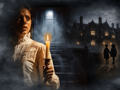 A scared woman in shadows and 2 shadowy figures walking towards a dark house