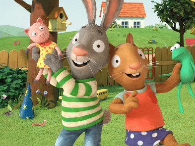 cartoon rabbits in a garden