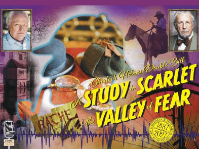 A vibrant promotional image for a Sherlock Holmes audio drama double bill, featuring 'A Study in Scarlet' and 'The Valley of Fear'. The artwork displays classic Holmes iconography including a deerstalker hat, a bowler hat, a magnifying glass, and a pipe. Two framed portraits show older men with serious expressions; one with white hair in a blue shirt, and another with glasses and a bow tie. The image also includes a silhouette of a man on horseback, a building by water, a microphone labeled 'CRIME CLASSICS'