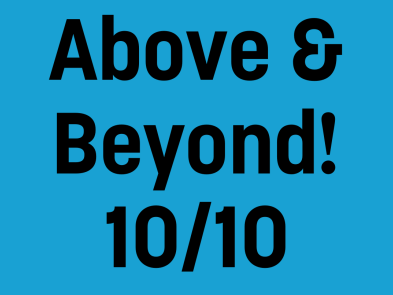 Above & beyond 10/10 in black text on a blue background