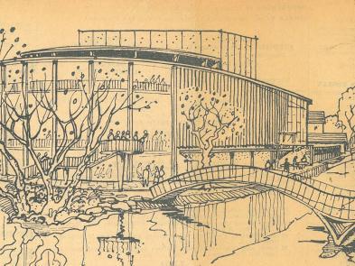 Artistic illustration of the Yvonne Arnaud Theatre from 1961.